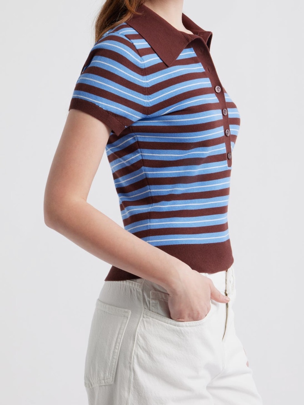 NWT Reformation 🤎💙 Bentley Crop Polo Sweater in Mahogany Multi Strip - Picture 3 of 14